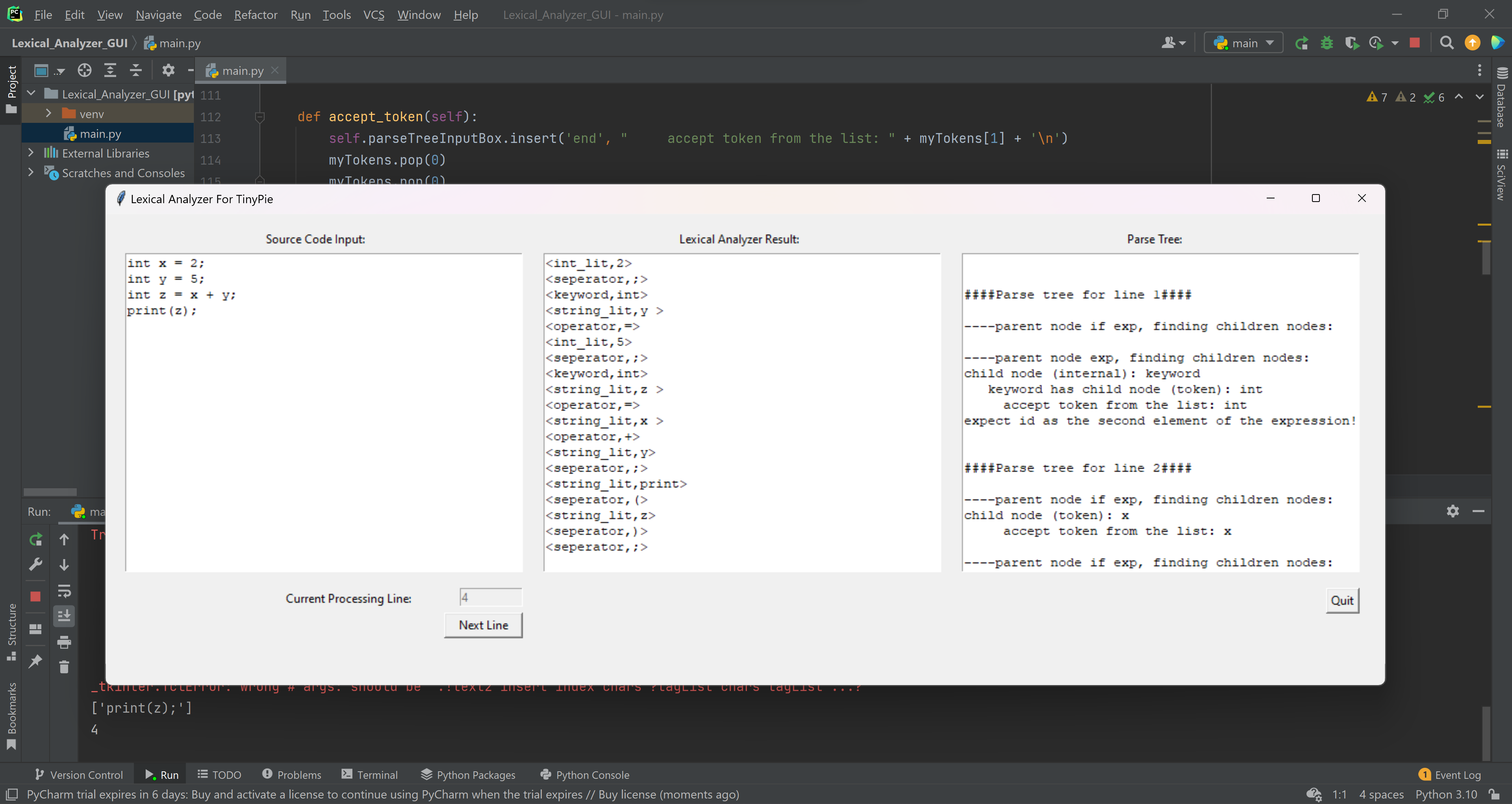 Screenshot of Lexical Analyzer GUI